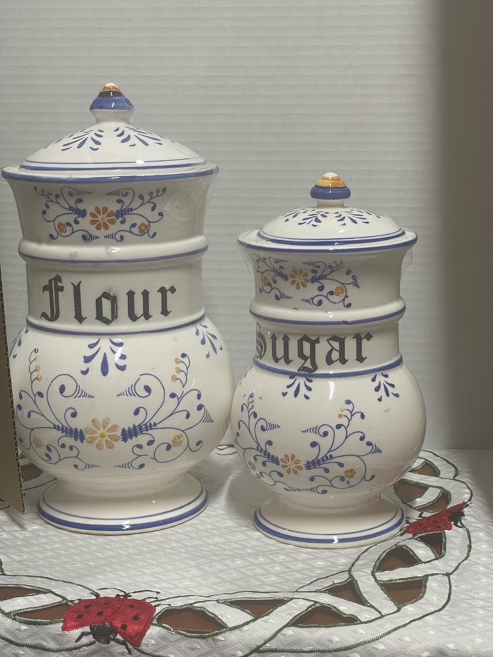 vintage set of Royal Sealy Heritage porcelain canisters, flour and sugar